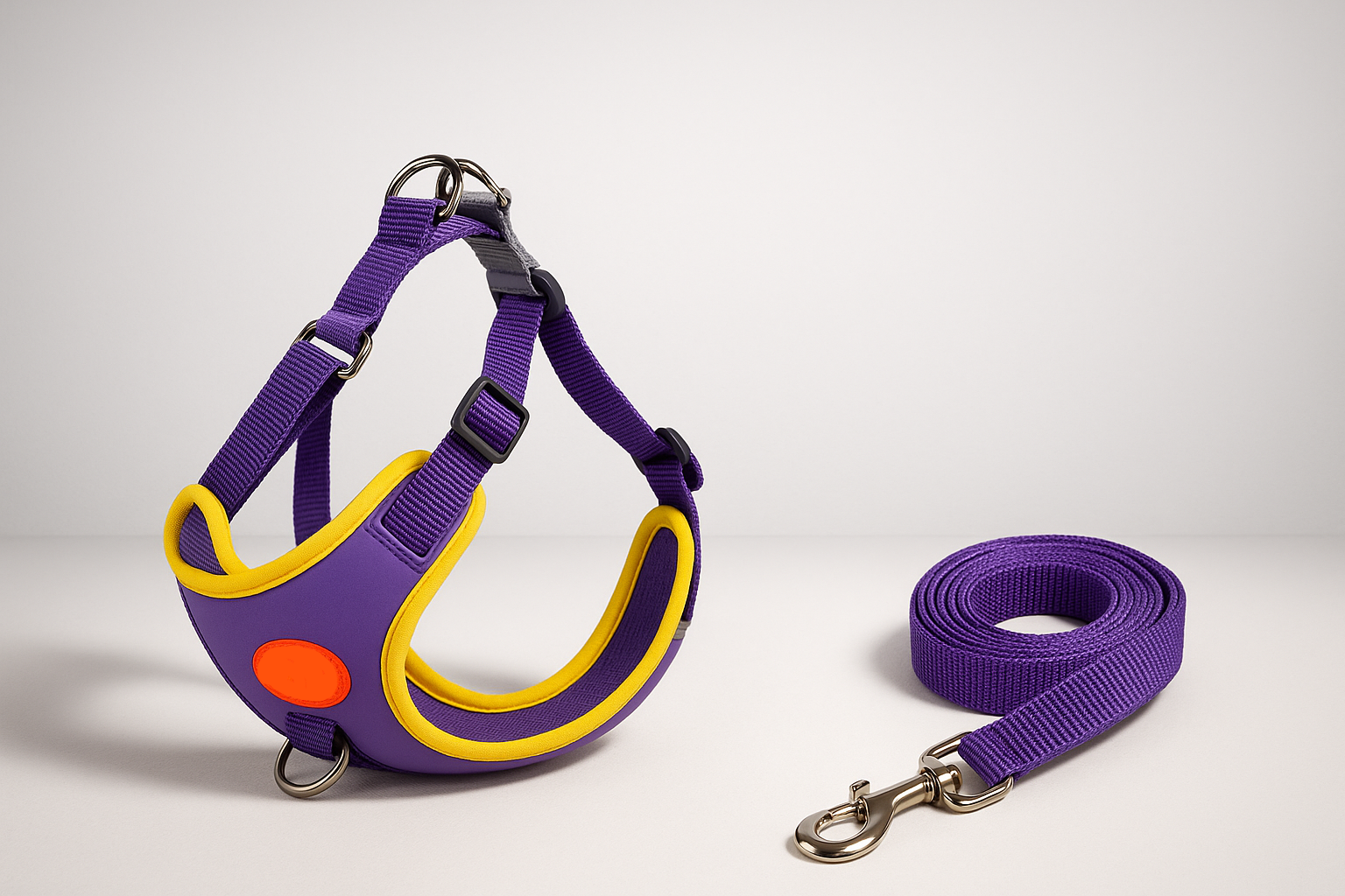 Coleira e guia pet em roxo e amarelo com sombras realistas