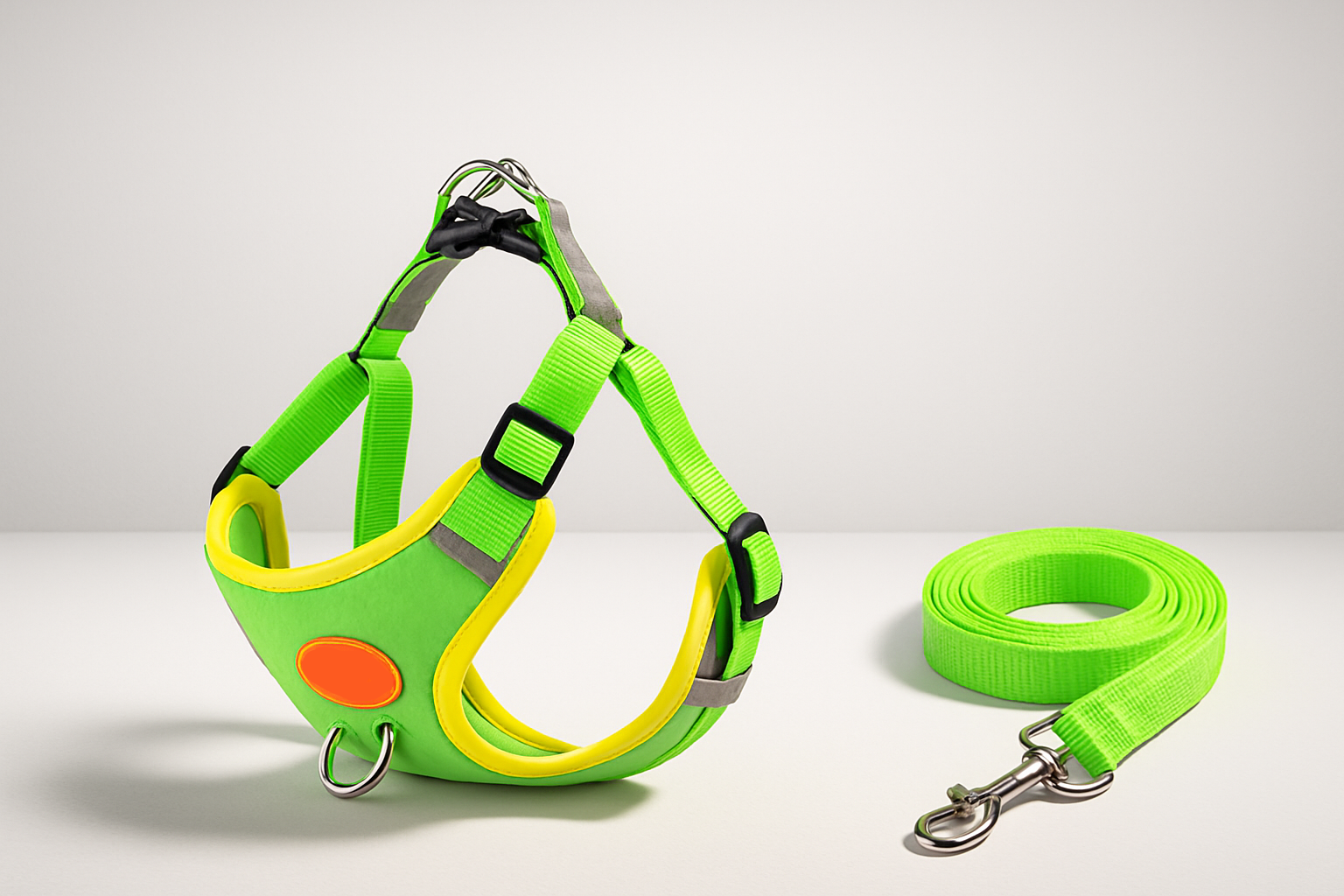 Coleira e guia pet em verde neon com sombras realistas e detalhes aprimorados