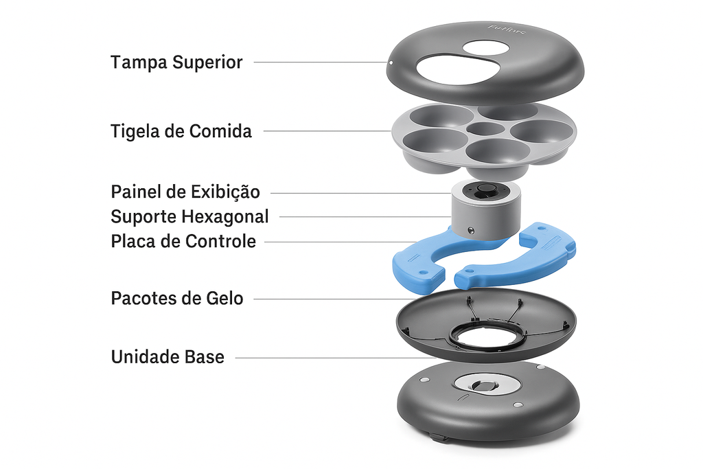 Diagrama explodido do comedouro com fundo branco e sombras